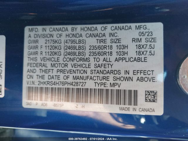 2HKRS4H76PH428727 Honda Cr-v Ex-l Awd