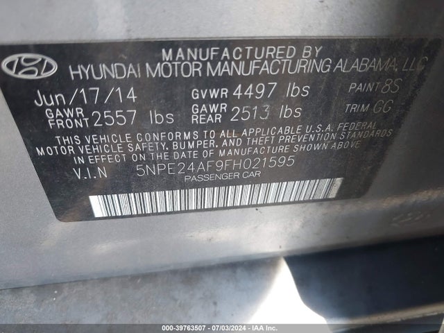 Hyundai SONATA SE 2015 5NPE24AF9FH021595 Image 9