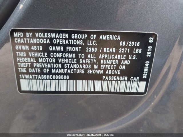 1VWAT7A39HC008506 Volkswagen Passat 1.8t S