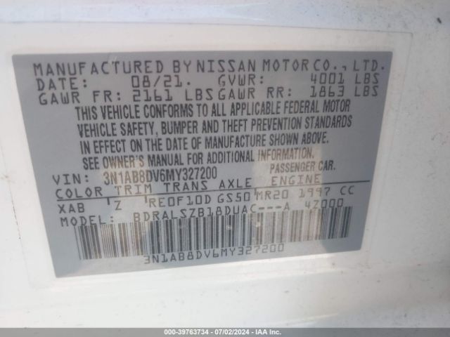 3N1AB8DV6MY327200 Nissan Sentra Sr Xtronic Cvt