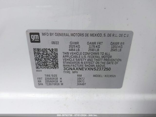 3GNAXNEVXNS237250 Chevrolet Equinox Fwd Premier