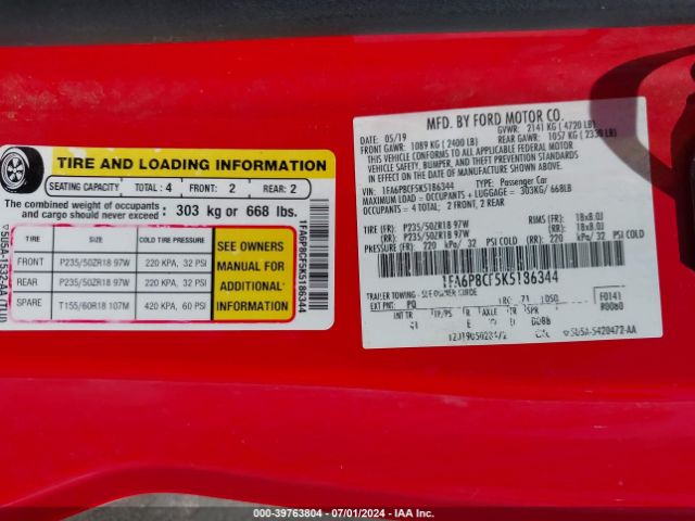 1FA6P8CF5K5186344 Ford Mustang Gt Premium