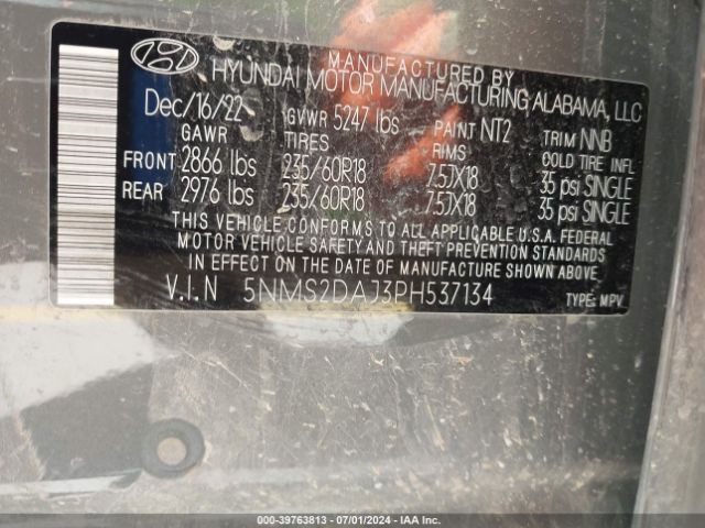 5NMS2DAJ3PH537134 Hyundai Santa Fe Sel