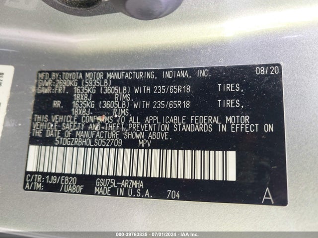 Toyota Highlander Xle 2020 5TDGZRBH0LS052709 Image 9