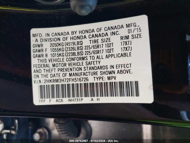 Honda Cr-v Ex-l 2015 2HKRM3H72FH516726 Image 9
