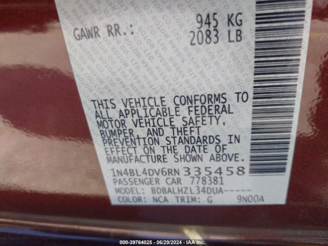 1N4BL4DV6RN335458 Nissan Altima Sv Fwd
