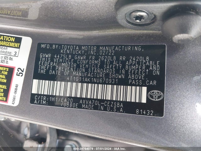 Toyota CAMRY SE 2022 4T1G11AK1NU670931 Image 9