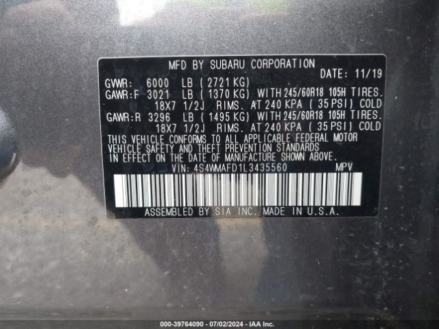 4S4WMAFD1L3435560 Subaru Ascent Premium
