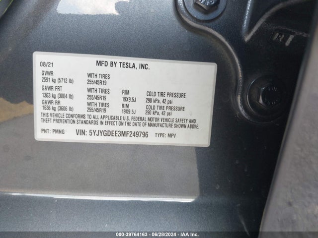 2021 TESLA MODEL Y 5YJYGDEE3MF249796 Photo 8