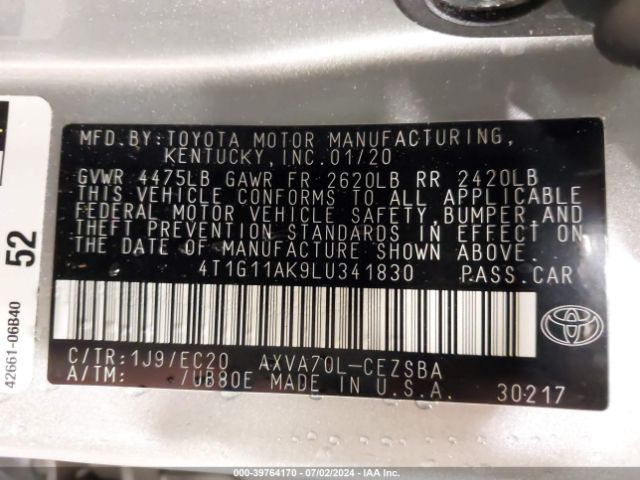4T1G11AK9LU341830 Toyota Camry Se Nightshade Edition