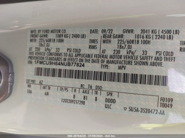 1FMCU9H64NUB77824 Ford ESCAPE SEL