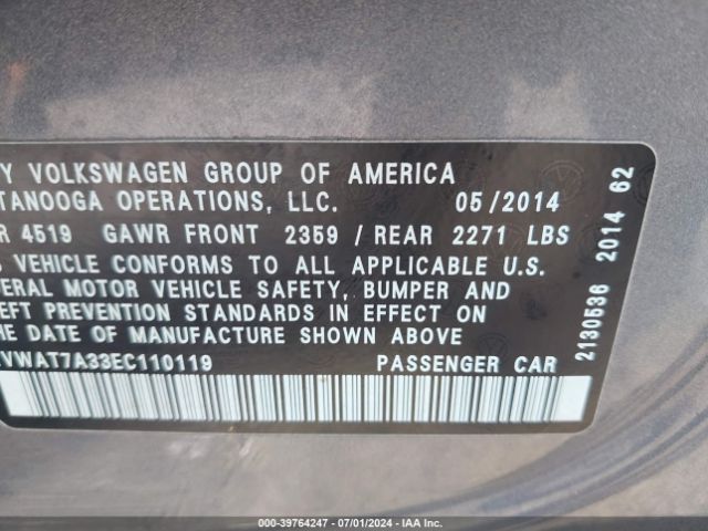 1VWAT7A33EC110119 Volkswagen Passat 1.8t Wolfsburg Edition