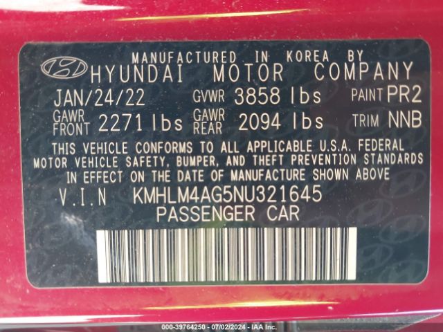 KMHLM4AG5NU321645 Hyundai ELANTRA SEL