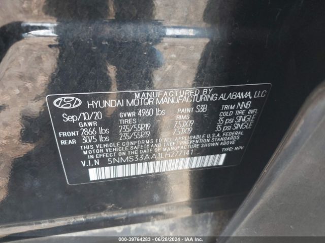 5NMS33AA1LH277141 Hyundai Santa Fe Sel 2.0t