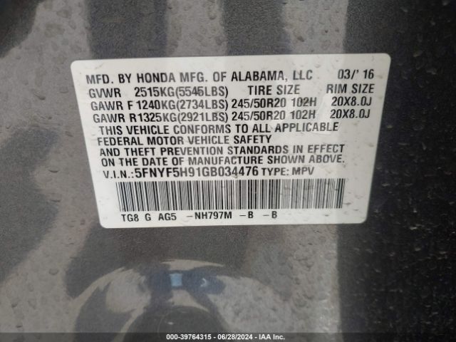 5FNYF5H91GB034476 Honda Pilot Touring