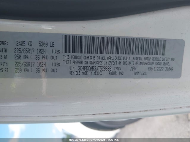 Dodge JOURNEY SE 2018 3C4PDCAB3JT529693 Image 9