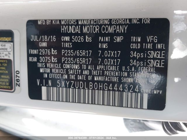 5XYZUDLB0HG444324 Hyundai Santa Fe Sport 2.4l