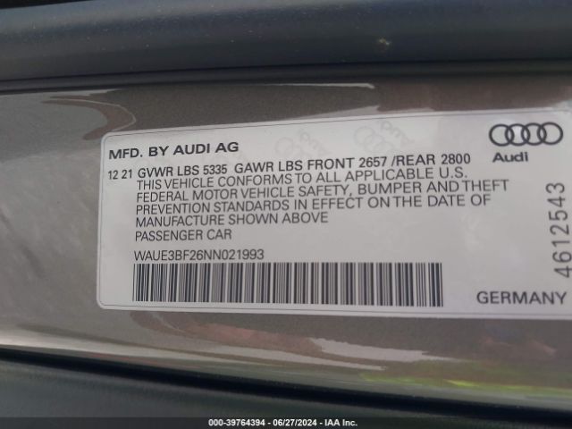 WAUE3BF26NN021993 Audi A6 Premium Plus 45 Tfsi Quattro S Tronic