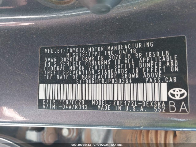 Toyota COROLLA SE 2018 5YFBURHE0JP839364 Image 9