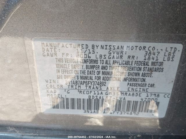 3N1AB7AP6FY374892 Nissan SENTRA SR