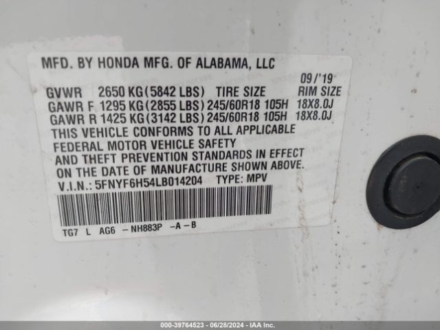5FNYF6H54LB014204 Honda Pilot Awd Ex-l