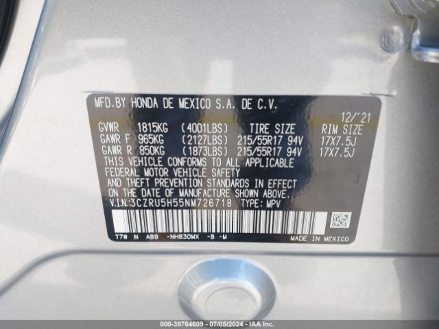 3CZRU5H55NM726718 Honda Hr-v 2wd Ex