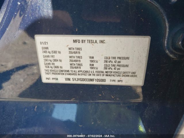 5YJYGDEE8MF105080 Tesla Model Y Long Range Dual Motor All-wheel Drive