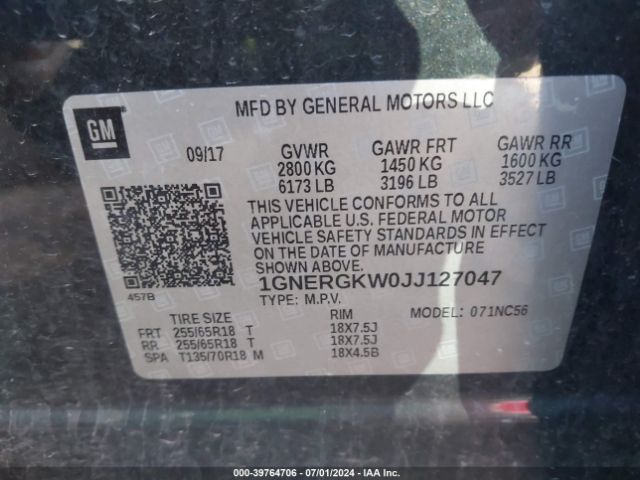 1GNERGKW0JJ127047 Chevrolet Traverse 1lt
