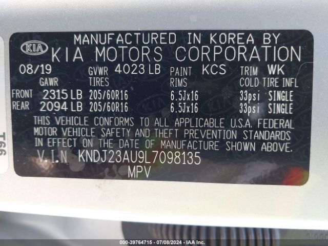 KNDJ23AU9L7098135 KIA SOUL LX