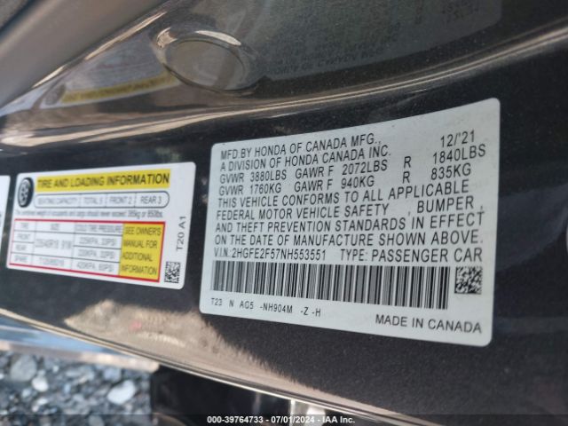 2HGFE2F57NH553551 Honda Civic Sport