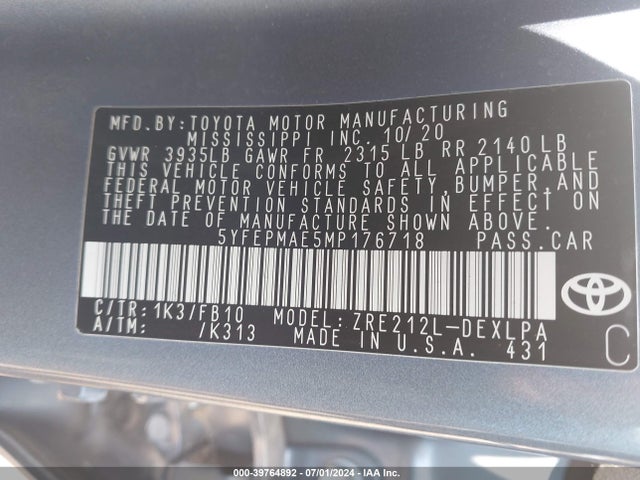 Toyota COROLLA LE 2021 5YFEPMAE5MP176718 Image 9