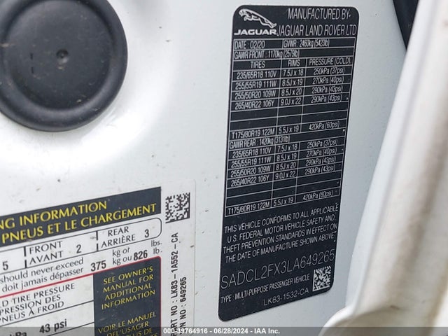 2020 JAGUAR F-PACE SADCL2FX3LA649265 Photo 8