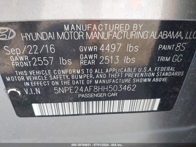 Hyundai Sonata 2017 5NPE24AF8HH503462 Image 9