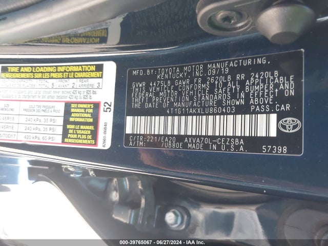 Toyota CAMRY SE 2020 4T1G11AKXLU860403 Image 9