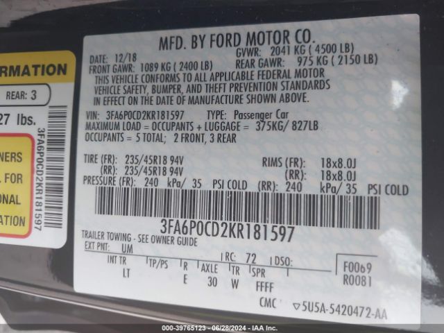 3FA6P0CD2KR181597 Ford FUSION SEL