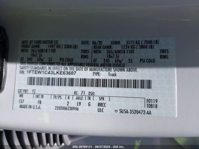 1FTEW1C43LKE63607 Ford F150 Supercrew