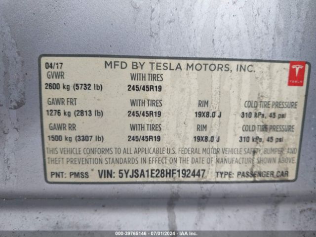 5YJSA1E28HF192447 Tesla Model S 100d/60d/75d/90d/p100d