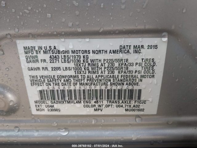 4A4AP3AU6FE027243 Mitsubishi Outlander Sport Es