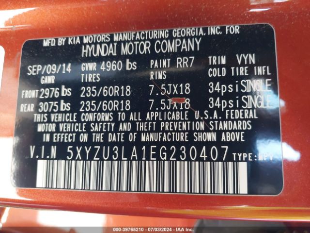 5XYZU3LA1EG230407 Hyundai Santa Fe Sport 2.0l Turbo
