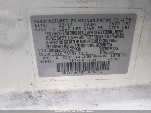 3N1CE2CP0FL420245 Nissan Versa Note S (sr)/s Plus/sl/sr/sv