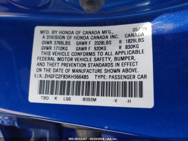 2HGFC2F83KH566485 Honda Civic Sport