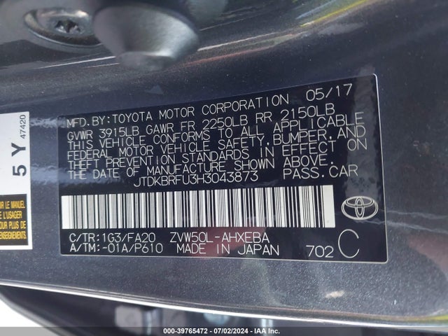 Toyota Prius Two 2017 JTDKBRFU3H3043873 Image 9