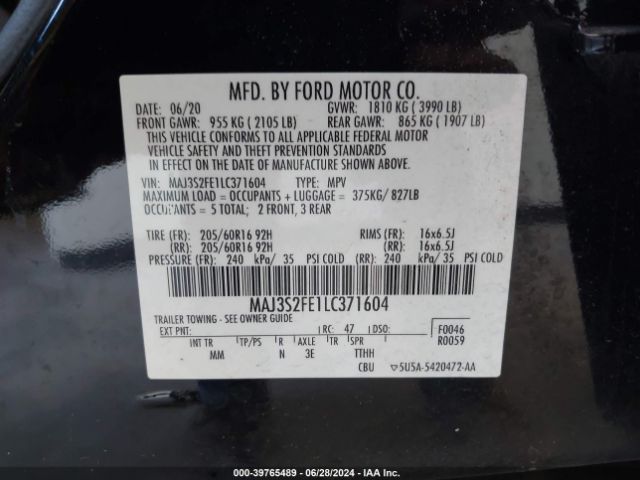 MAJ3S2FE1LC371604 Ford ECOSPORT S