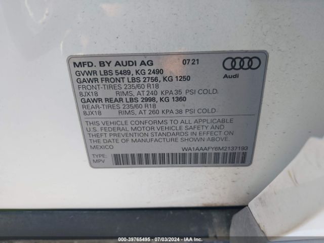 WA1AAAFY6M2137193 Audi Q5 Premium 45 Tfsi Quattro S Tronic