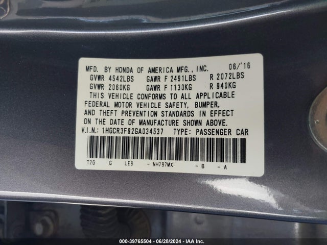 Honda Accord Touring 2016 1HGCR3F92GA034537 Image 9