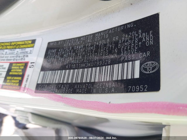 Продажа на аукционе авто 2019 Toyota Camry Le, vin: 4T1B11HK3KU799328, номер лота: 39765528
