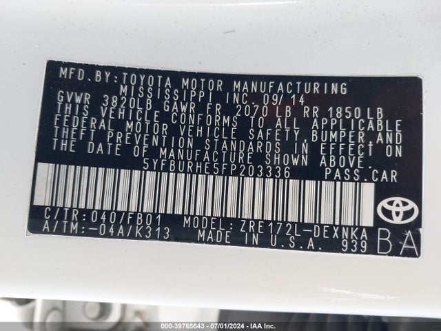 Toyota COROLLA LE 2015 5YFBURHE5FP203336 Image 9