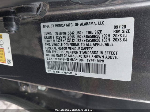 Honda Pilot Awd Elite 2021 5FNYF6H09MB021204 Image 9