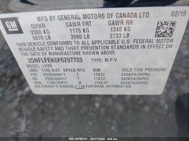 Chevrolet EQUINOX 1LT 2015 2GNFLFEK6F6297703 Image 9