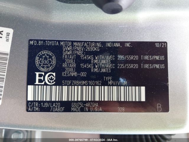 5TDFZRBH9MS160162 Toyota Highlander Limited